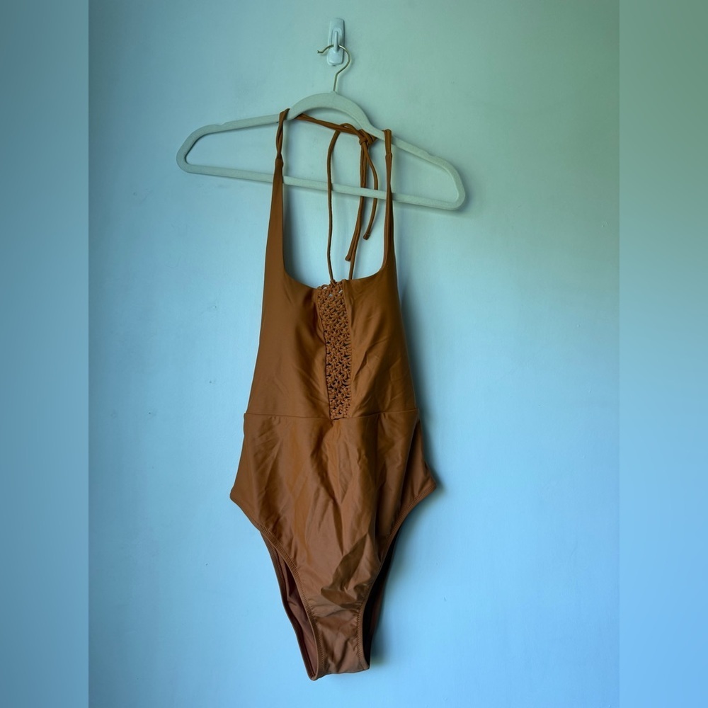 American Eagle Aerie Rust Knotted Front One Piece Halter Swimsuit M